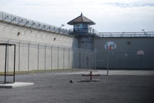 Prison yard with watch tower and security